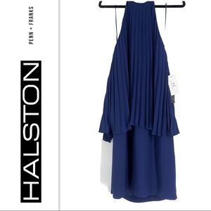 Halston Navy Accordion Pleated Halter Dress, Size 4, NWT